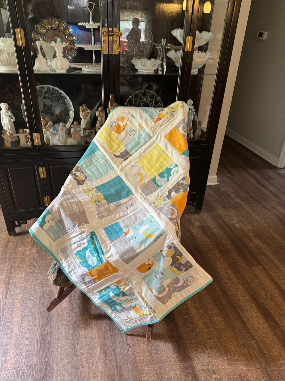 Handmade Baby Quilt in Teal, Mustard & Gray 44” x 44”